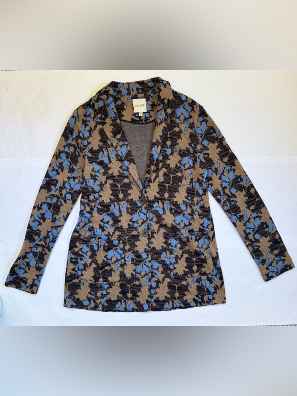 NIC+ZOE Women’s Knit Blazer Jacket Small Blue Brown Abstract Stretch Career